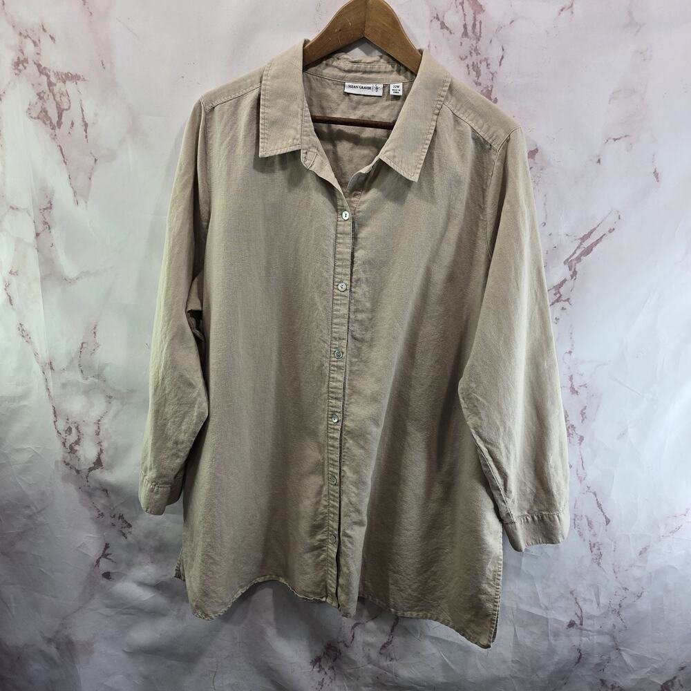 Susan Graver Shirt Womens 22W 3X Beige Tan Linen Cotton Blend Roll Up Button